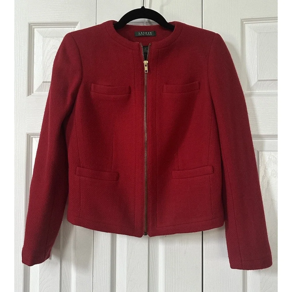 VTG LAUREN RALPH LAUREN Women's Red Jacket Size 4 WOOL ZIP